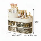 Cream makeup organizer with drawers, brushes, cosmetics, and labeled dimensions 32x15x28cm