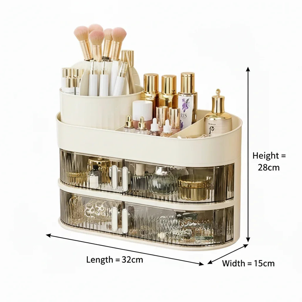 Cream makeup organizer with drawers, brushes, cosmetics, and labeled dimensions 32x15x28cm