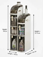 Slim rolling laundry organizer with shelves, detergent storage, dimensions marked