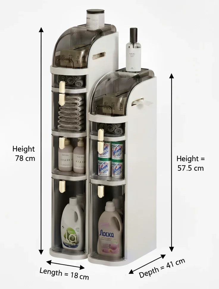 Slim rolling laundry organizer with shelves, detergent storage, dimensions marked
