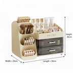Beige makeup organizer with drawers, cosmetics, brushes, and labeled dimensions: 36x20x26cm