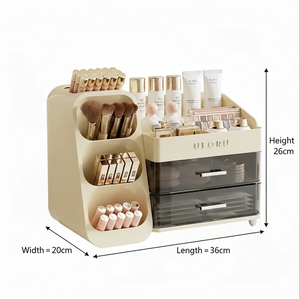 Beige makeup organizer with drawers, cosmetics, brushes, and labeled dimensions: 36x20x26cm