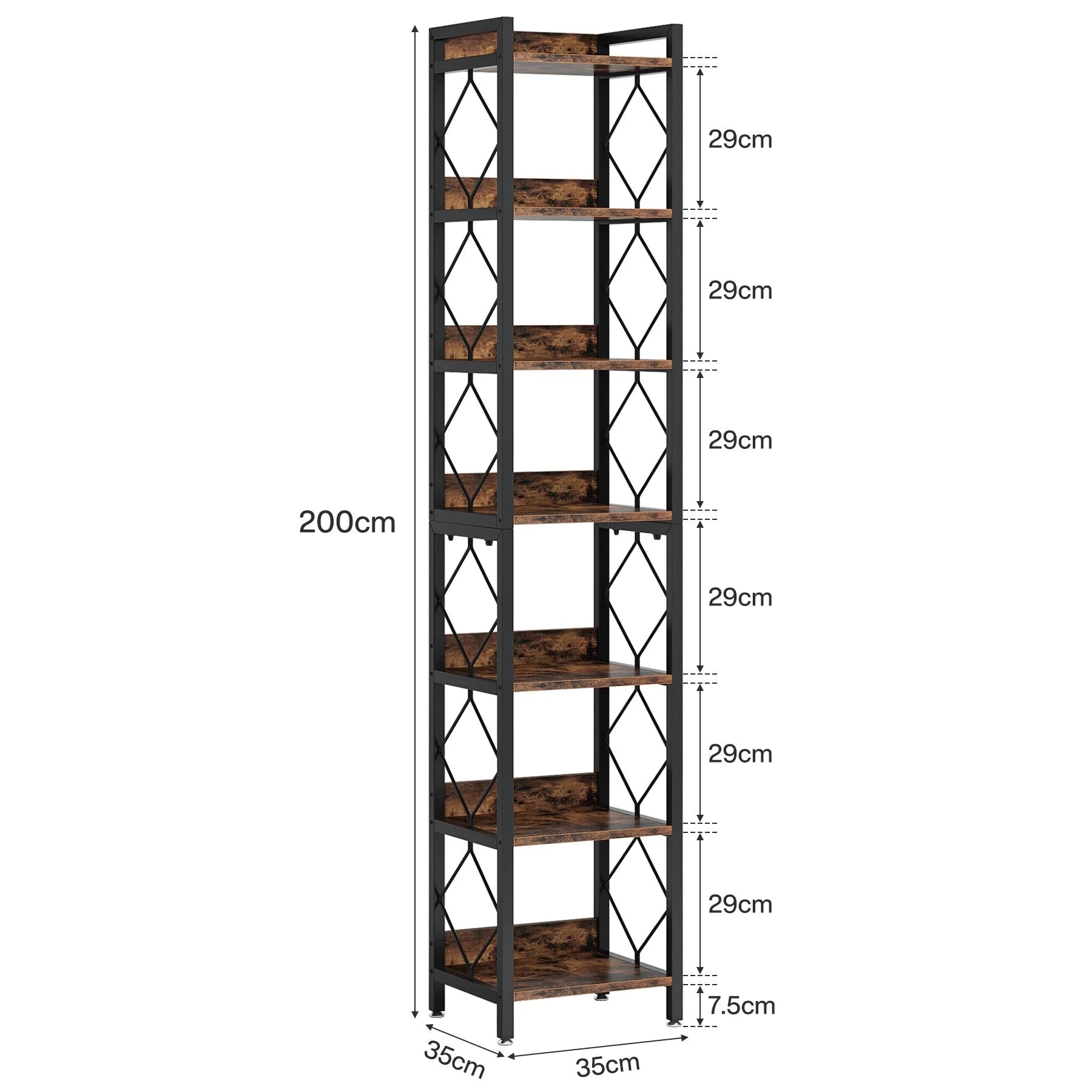 200cm Slim 6-Tier Bookshelf - Rustic Wood & Black Metal Display Tower. Viridian HM Limited