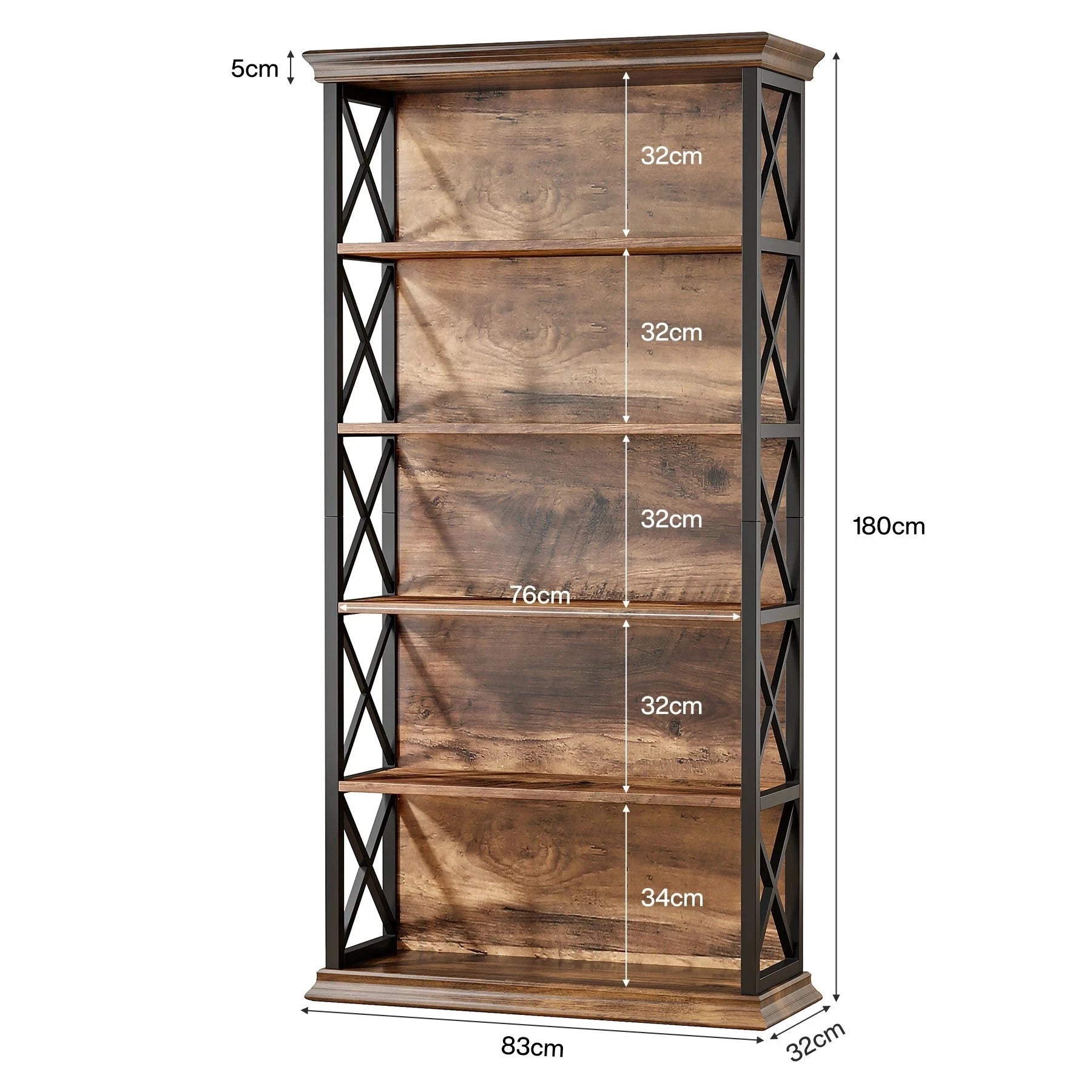180cm Rustic Industrial 5-Tier Bookcase - Large Open Shelf Display & Storage Viridian HM Limited