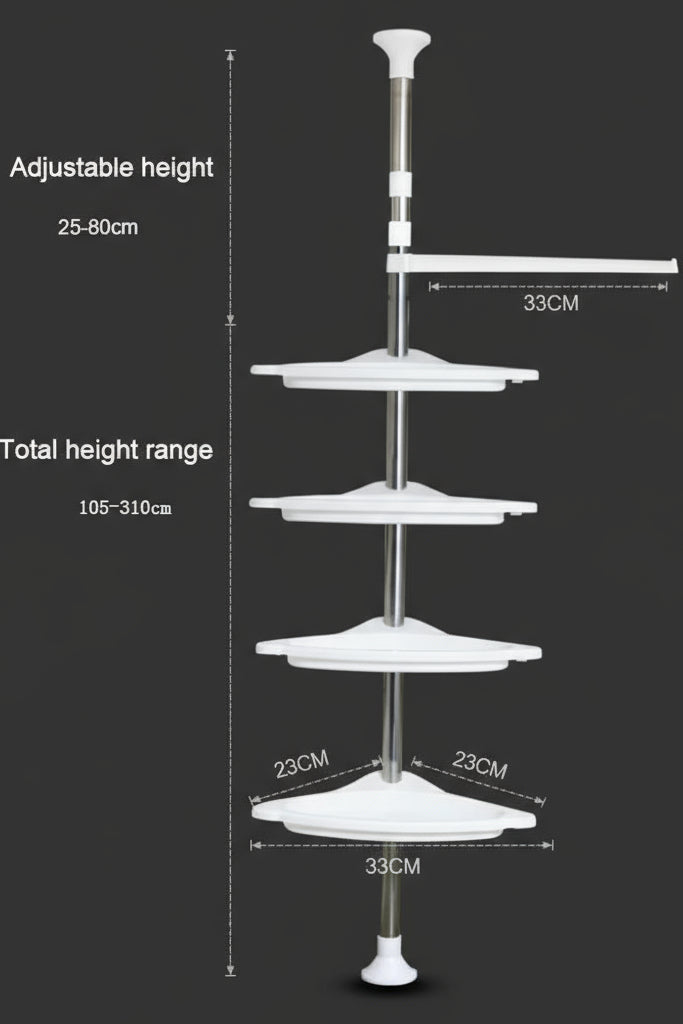 Adjustable corner shower shelf with four white tiers, height range 105-310cm, on dark background