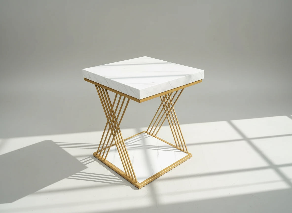 Chic Modern Square Side Table with Faux Marble Top and Geometric Gold Base - Viridian Home & Accessories