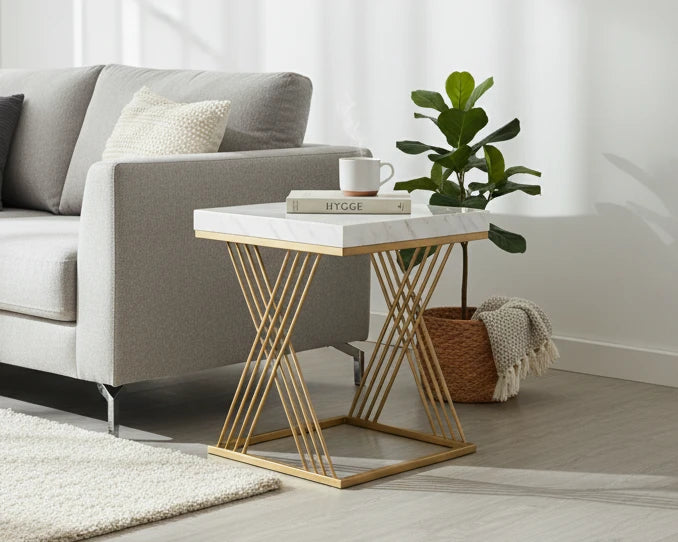 Chic Modern Square Side Table with Faux Marble Top Viridian Home & Accessories
