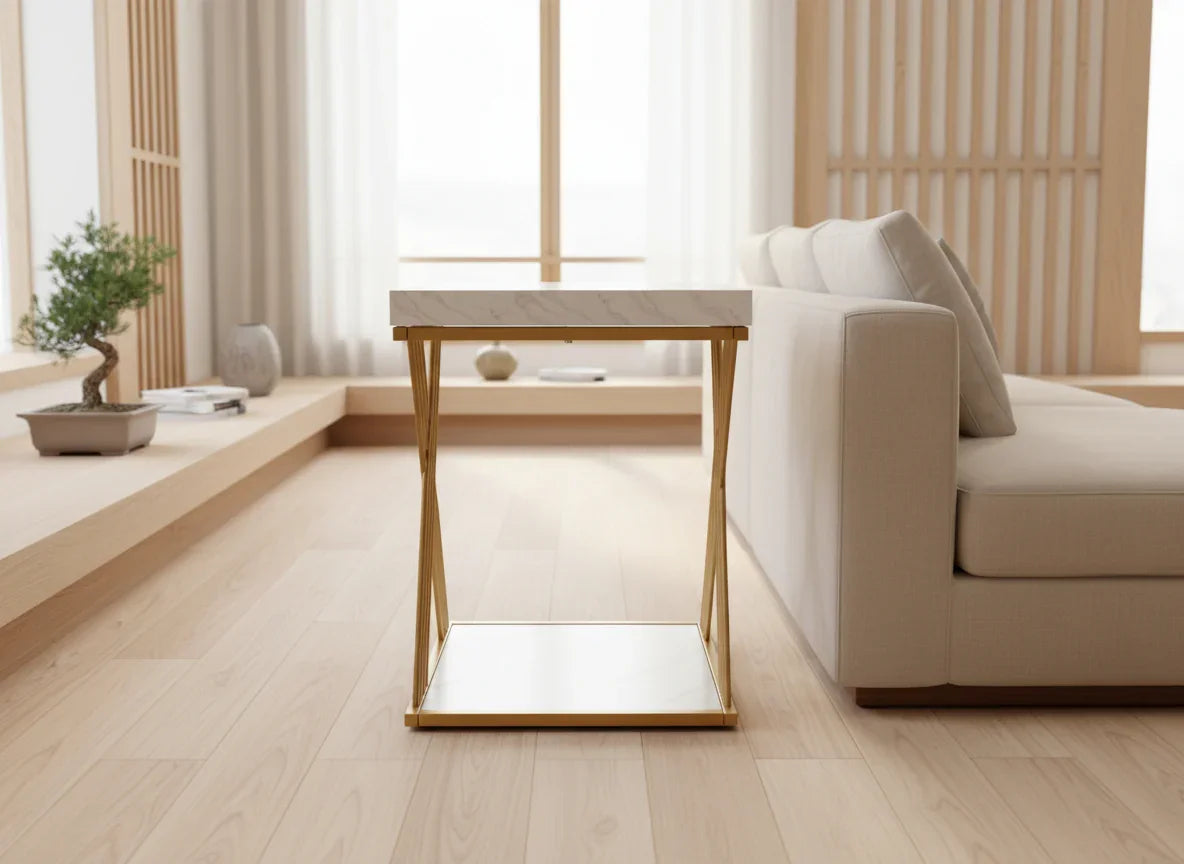 Chic Modern Square Side Table with Faux Marble Top and Geometric Gold Base - Viridian Home & Accessories