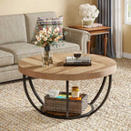 Round Wooden Coffee Table with 2-Tier Shelves - Viridian HM Limited