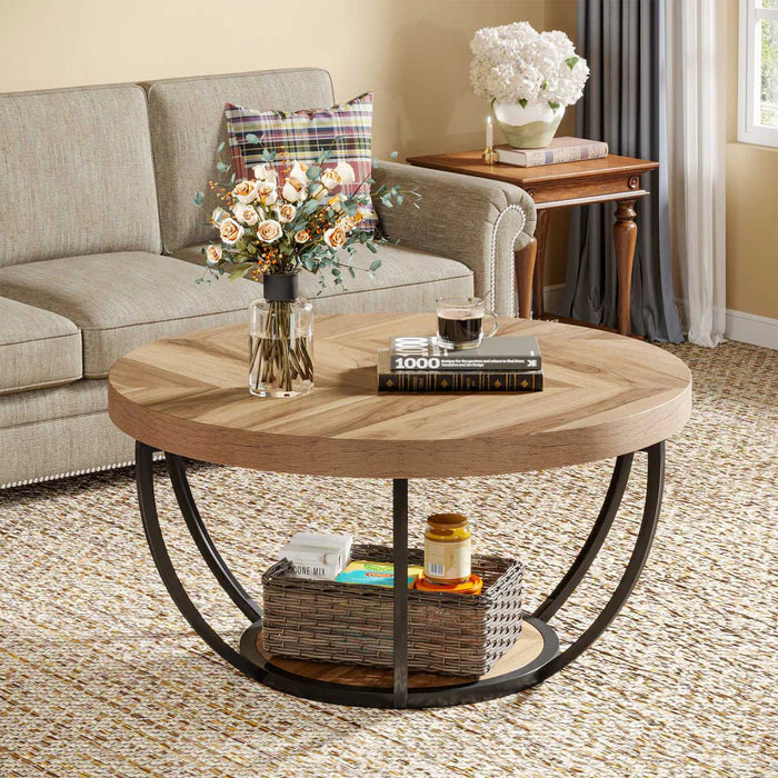 Round Wooden Coffee Table with 2-Tier Shelves - Viridian HM Limited