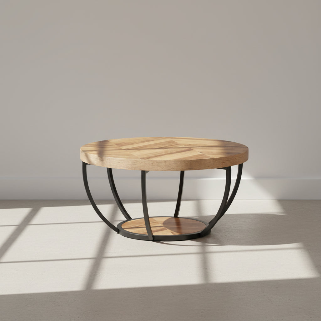 Round Wooden Coffee Table with 2-Tier Shelves - Viridian HM Limited
