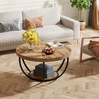 Round Wooden Coffee Table with 2-Tier Shelves - Viridian HM Limited