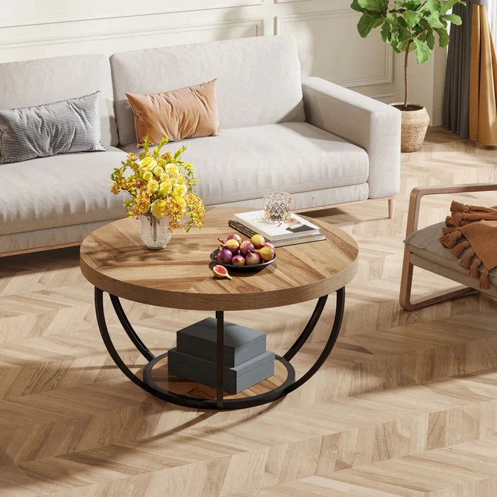 Round Wooden Coffee Table with 2-Tier Shelves - Viridian HM Limited