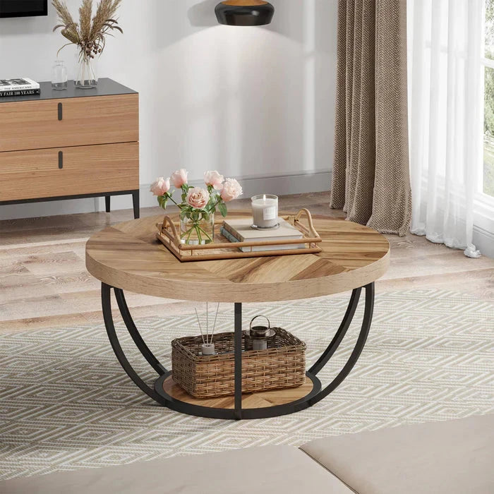 Round Wooden Coffee Table with 2-Tier Shelves - Viridian HM Limited