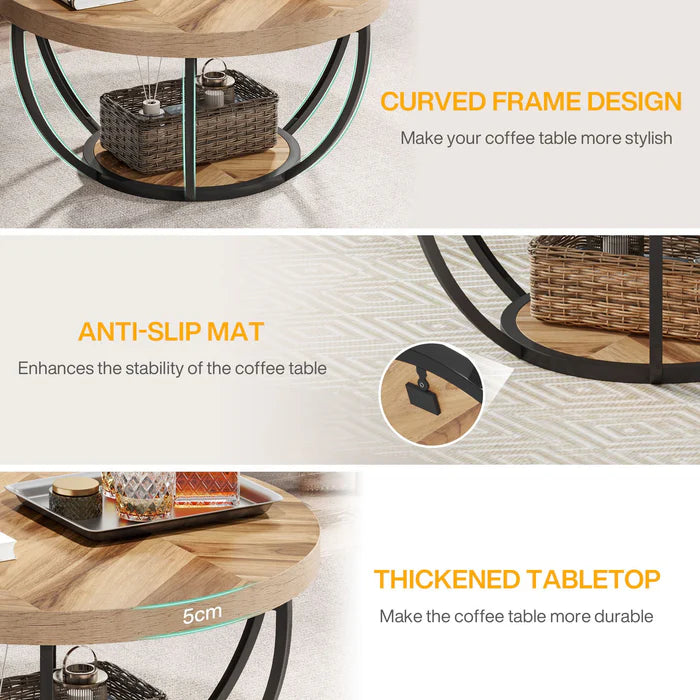 Round Wooden Coffee Table with 2-Tier Shelves - Viridian HM Limited