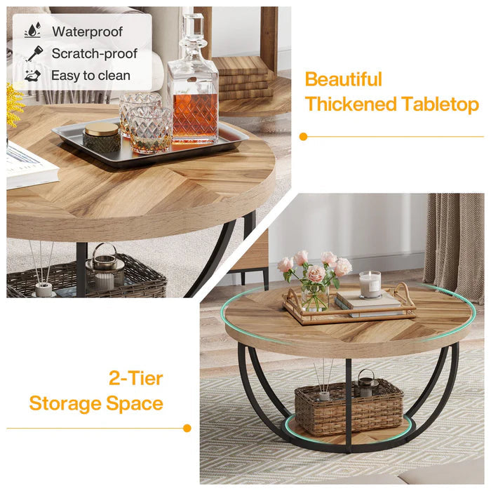 Round Wooden Coffee Table with 2-Tier Shelves - Viridian HM Limited
