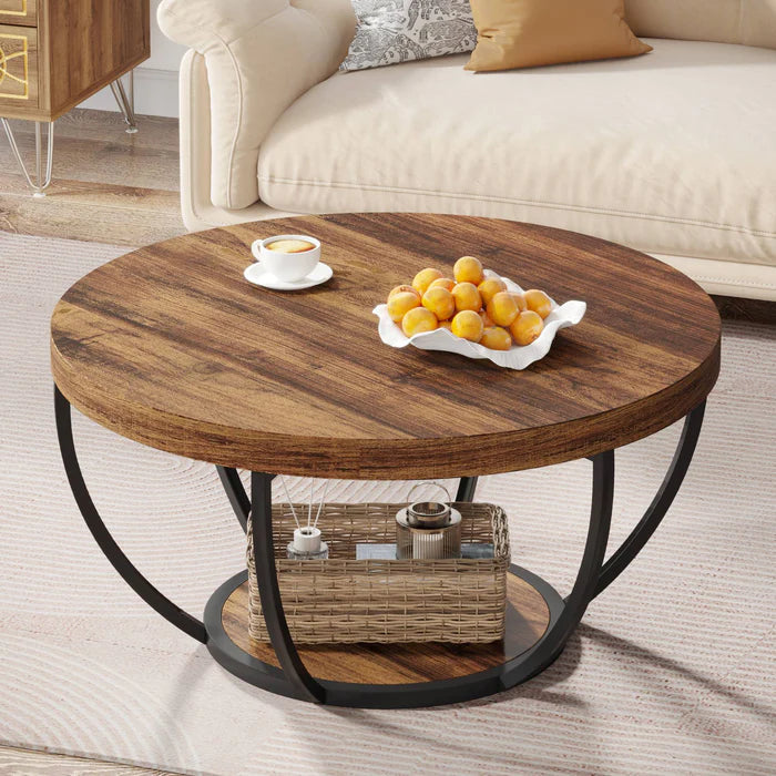 Round Wooden Coffee Table with 2-Tier Shelves - Viridian HM Limited
