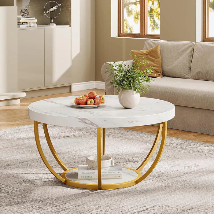 Round Wooden Coffee Table with 2-Tier Shelves - Viridian HM Limited