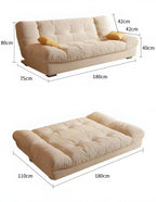 Beige sofa bed with yellow pillows and dimensions, convertible to flat bed, modern furniture