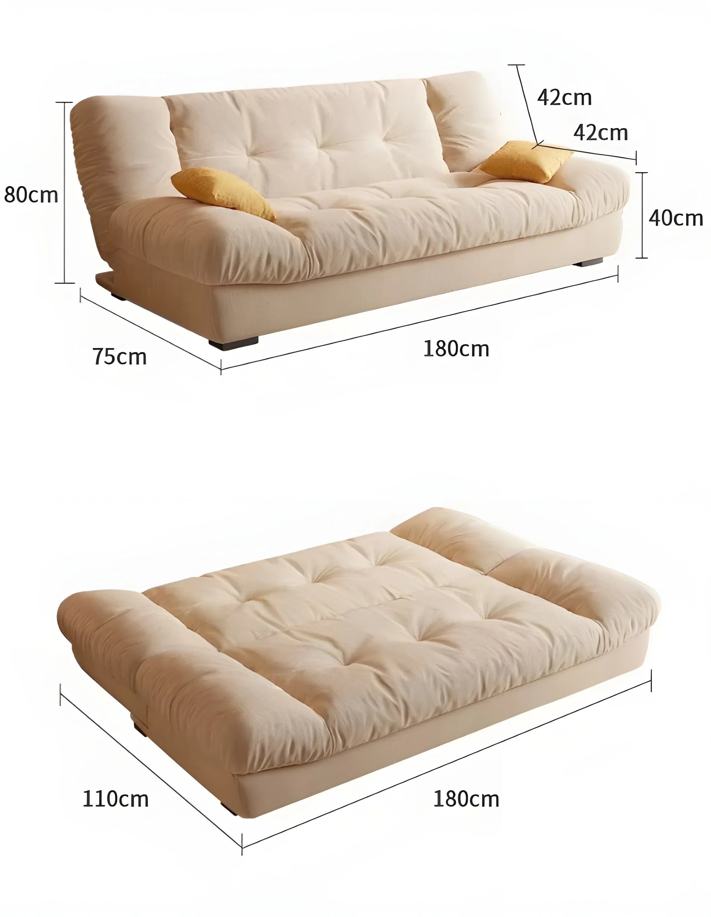Beige sofa bed with yellow pillows and dimensions, convertible to flat bed, modern furniture