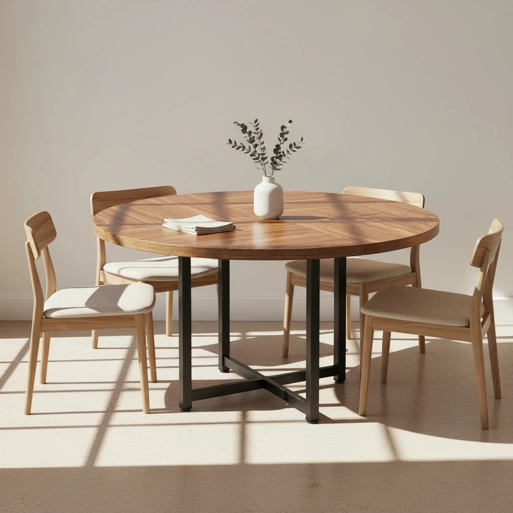 120cm Round Dining Table, Heavy-Duty Metal Base, Space-Saving