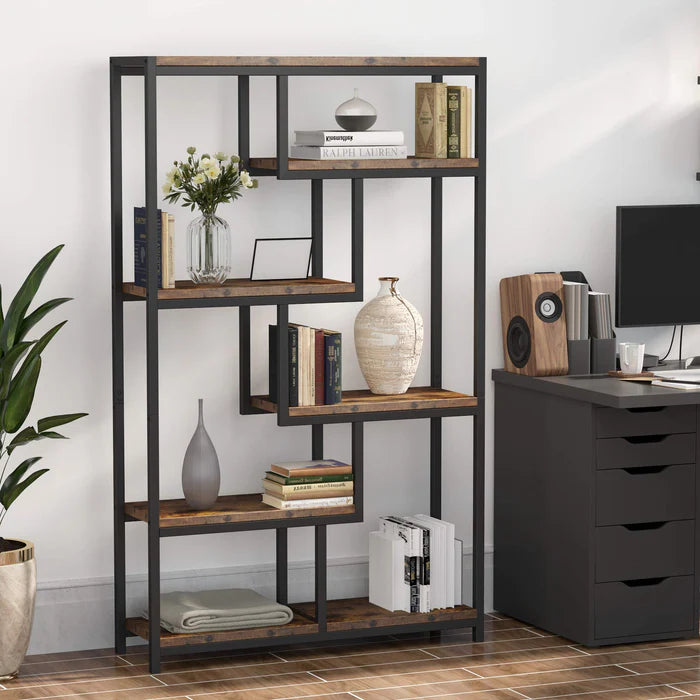 5-Tier Industrial Bookshelf, 70.8-inch Tall Staggered Bookcase for Home Office