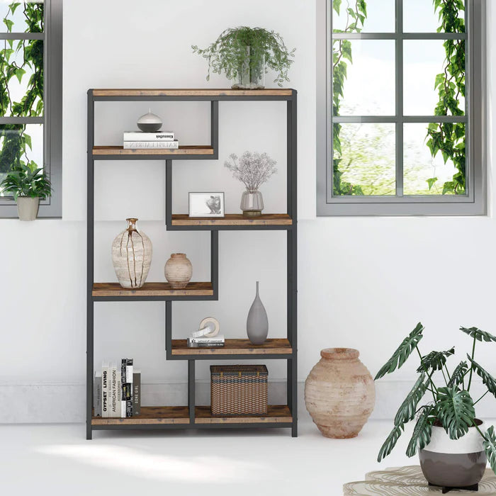 5-Tier Industrial Bookshelf, 70.8-inch Tall Staggered Bookcase for Home Office
