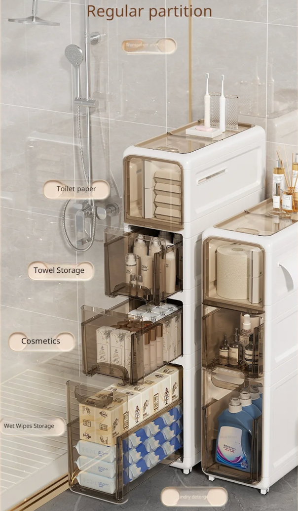 Storage cabinet with labeled sections in a bathroom setting