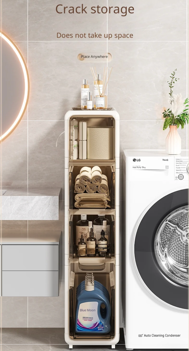 Tall white storage cabinet with shelves next to a washing machine in a bathroom setting.
