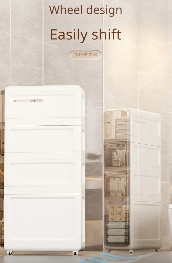 White storage cabinet with wheels on a tiled floor, featuring text about wheel design.