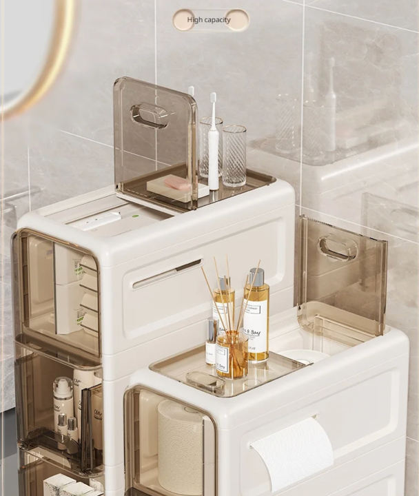 White bathroom cabinet with open doors displaying toiletries and accessories.