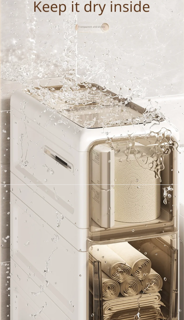 White cabinet with water droplets on a white background, text 'Keep it dry inside'.