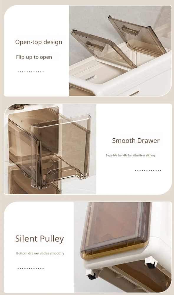 Collage of a cabinet with open-top design, smooth drawer, and silent pulley system.