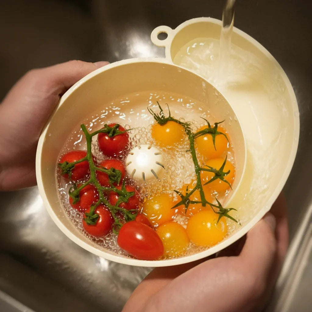 Red and yellow cherry tomatoes being washed in a plastic bowl under running water
