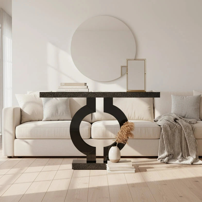 Modern Black Marble-Effect Console Table - Sculptural Entryway & Sofa Table Viridian HM Limited