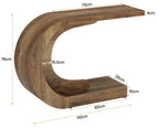 Curved wooden console table with measurements, modern design, brown finish, product dimensions labeled.