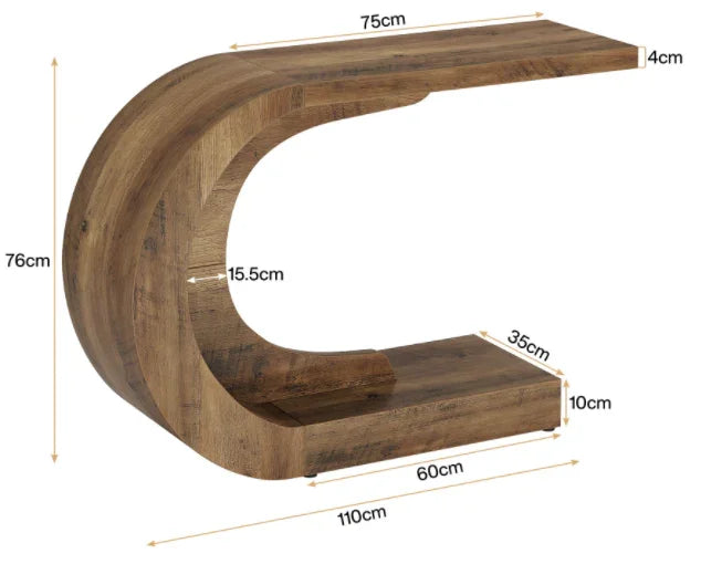 Curved wooden console table with measurements, modern design, brown finish, product dimensions labeled.