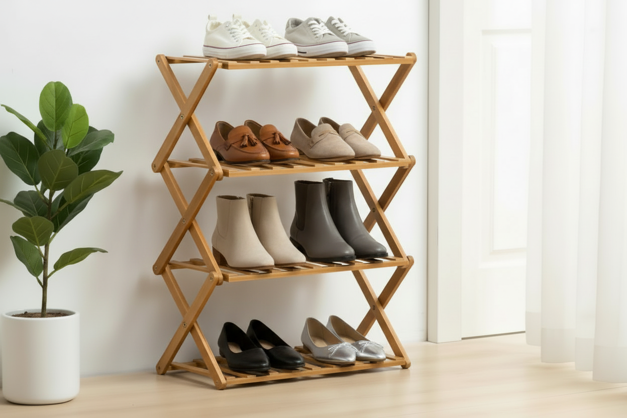 Modern 4-Tier Bamboo Shoe Rack Foldable Eco-Friendly Bamboo Storage for Living Room or Plant Display - Viridian Home & Accessories