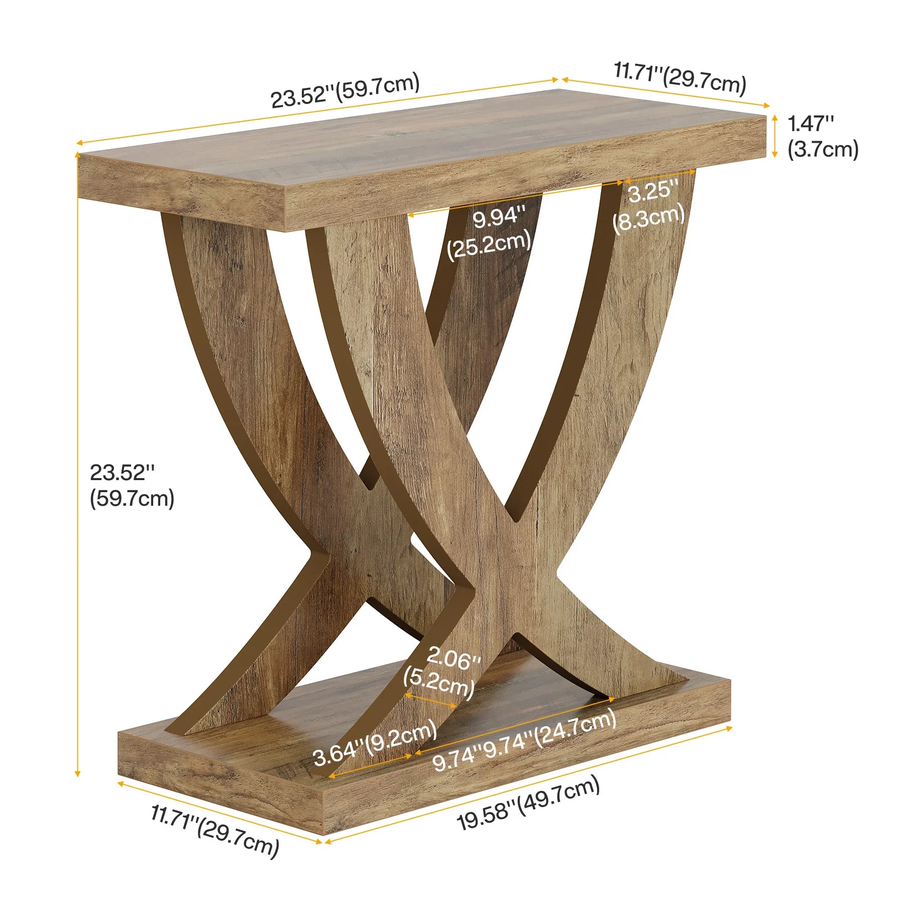 Rustic wood side table with curved X legs and labeled measurements in inches and centimeters