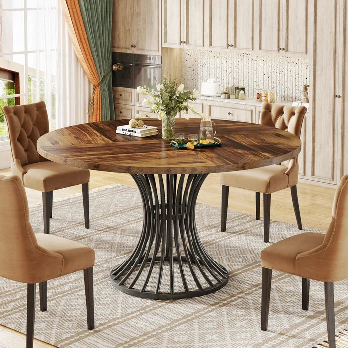 Modern Round Walnut Dining Table - Pedestal Base & Parquet Top Viridian HM Limited