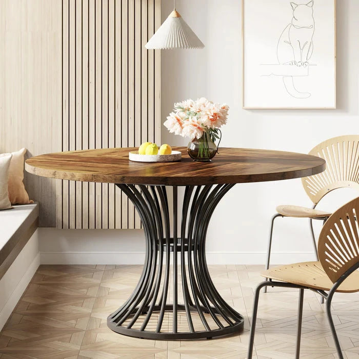 Modern Round Walnut Dining Table - Pedestal Base & Parquet Top Viridian HM Limited