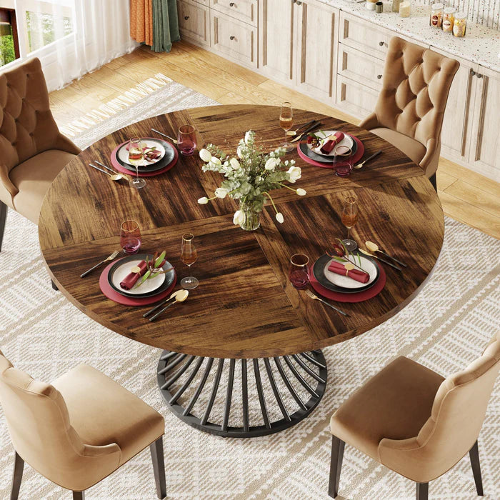 Modern Round Walnut Dining Table - Pedestal Base & Parquet Top Viridian HM Limited
