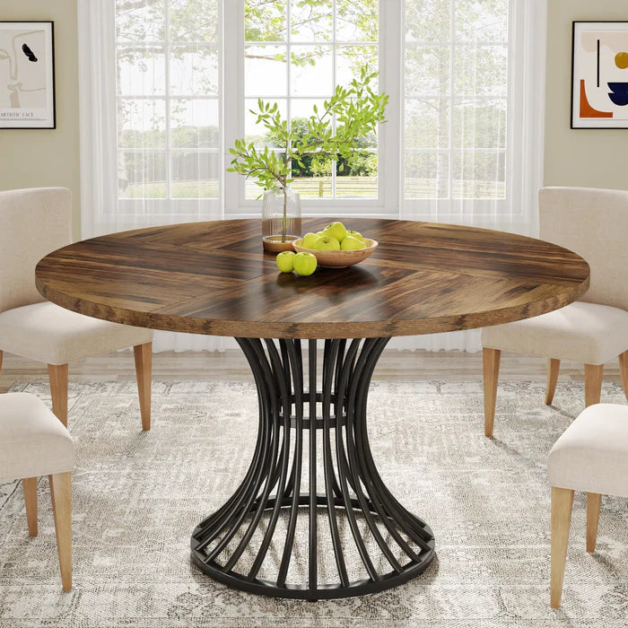 Modern Round Walnut Dining Table - Pedestal Base & Parquet Top Viridian HM Limited