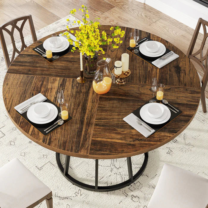 Modern Round Walnut Dining Table - Architectural Pedestal Base & Parquet Top Viridian HM Limited