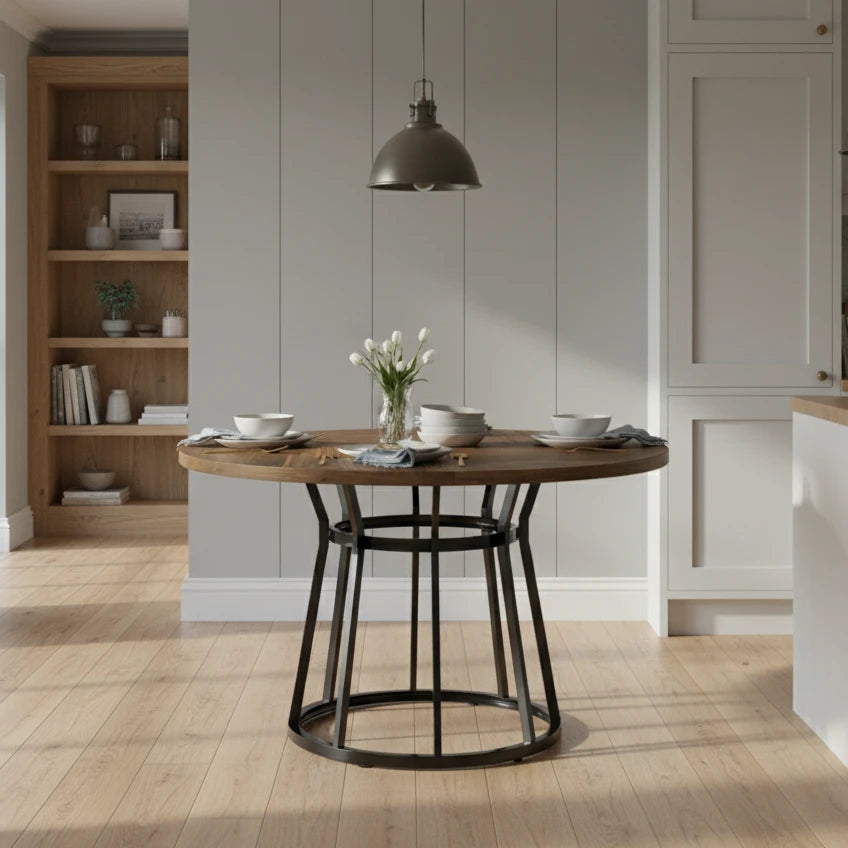 Round Modern Walnut Dining Table - Architectural Pedestal Base & Parquet Top