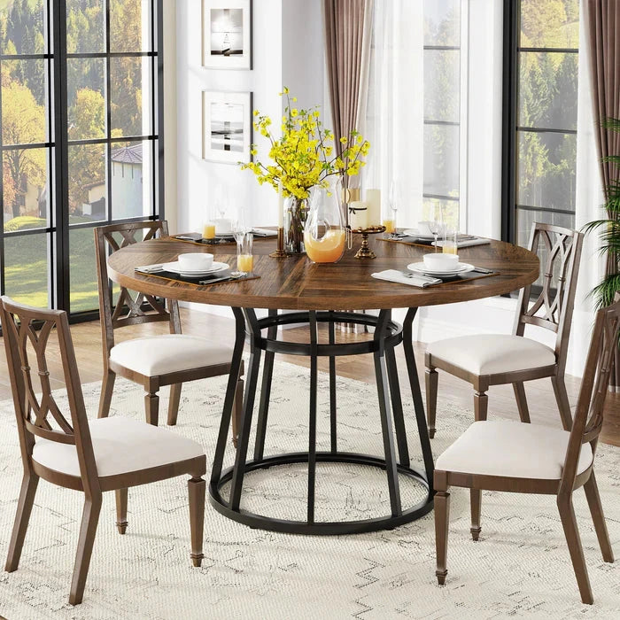 Modern Round Walnut Dining Table - Architectural Pedestal Base & Parquet Top Viridian HM Limited