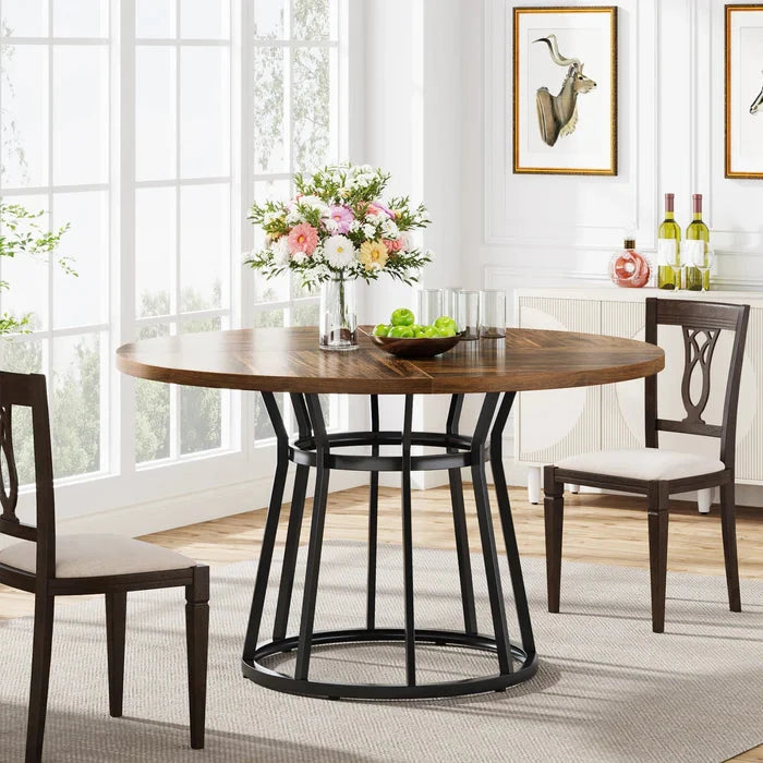 Modern Round Walnut Dining Table - Architectural Pedestal Base & Parquet Top Viridian HM Limited