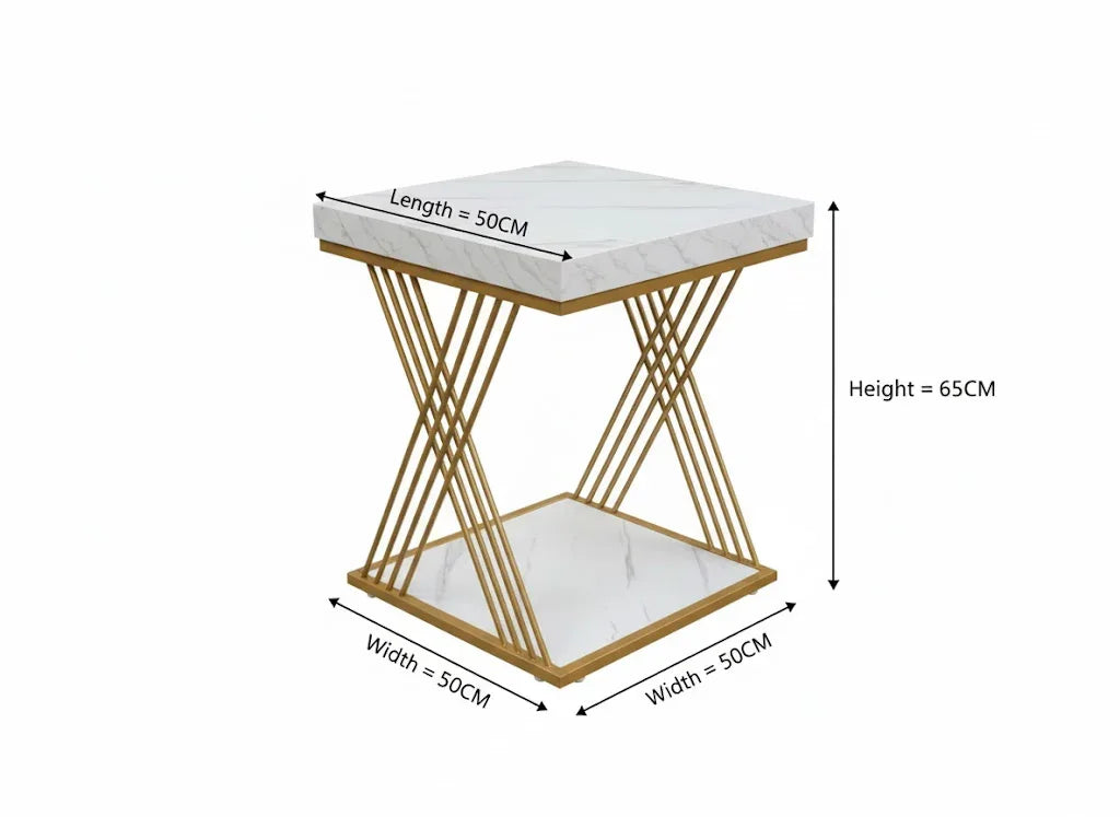 Modern square marble accent table with gold crossed metal frame, 50x50x65cm dimensions