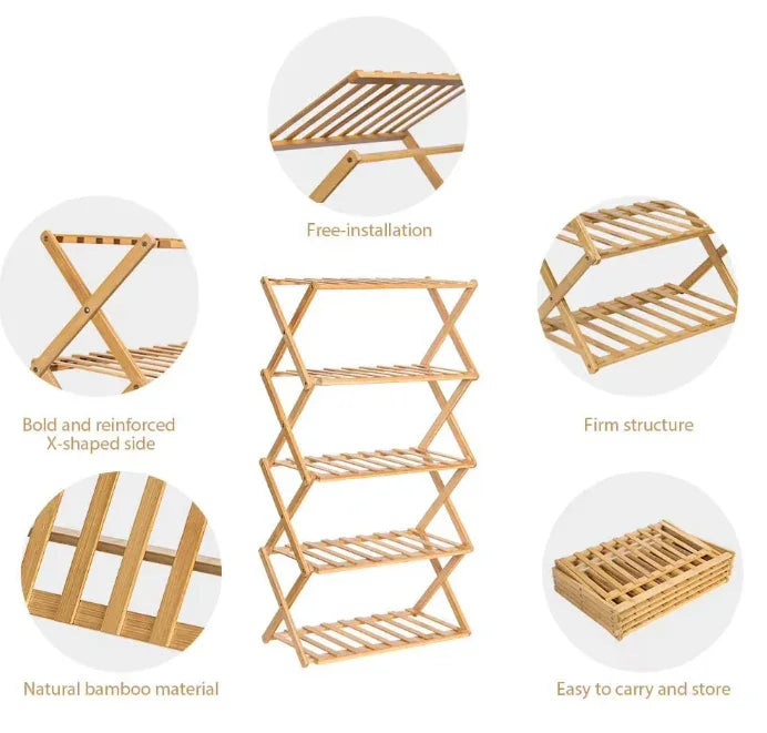 Modern 4-Tier Bamboo Shoe Rack Foldable Eco-Friendly Bamboo Storage for Living Room or Plant Display - Viridian Home & Accessories